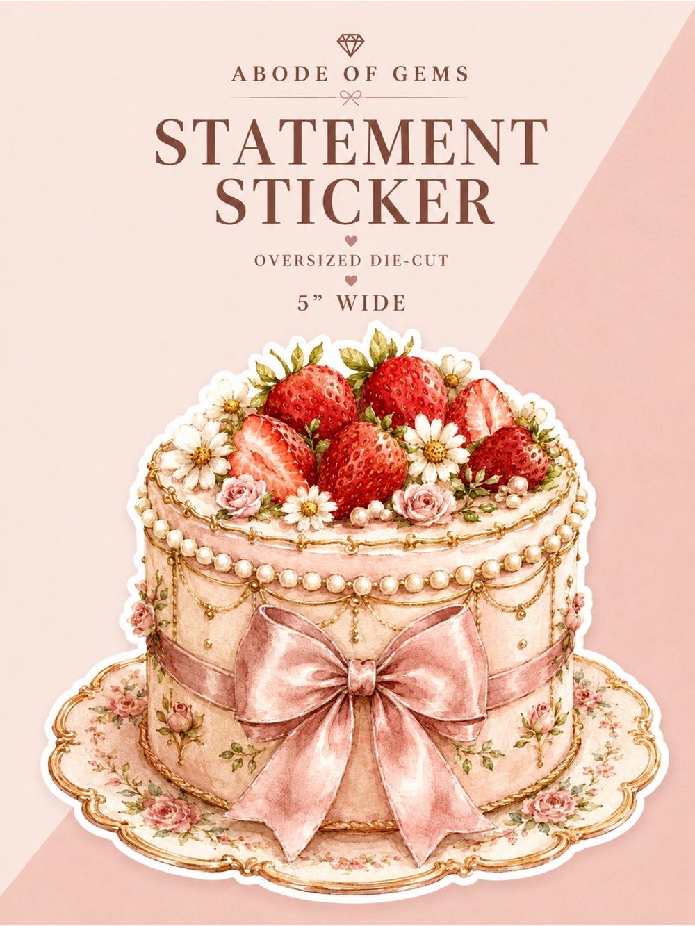 🆕 2/$18 💌 Vintage Cottage Strawberry Bow Cake Oversized Sticker 5” Die-Cut